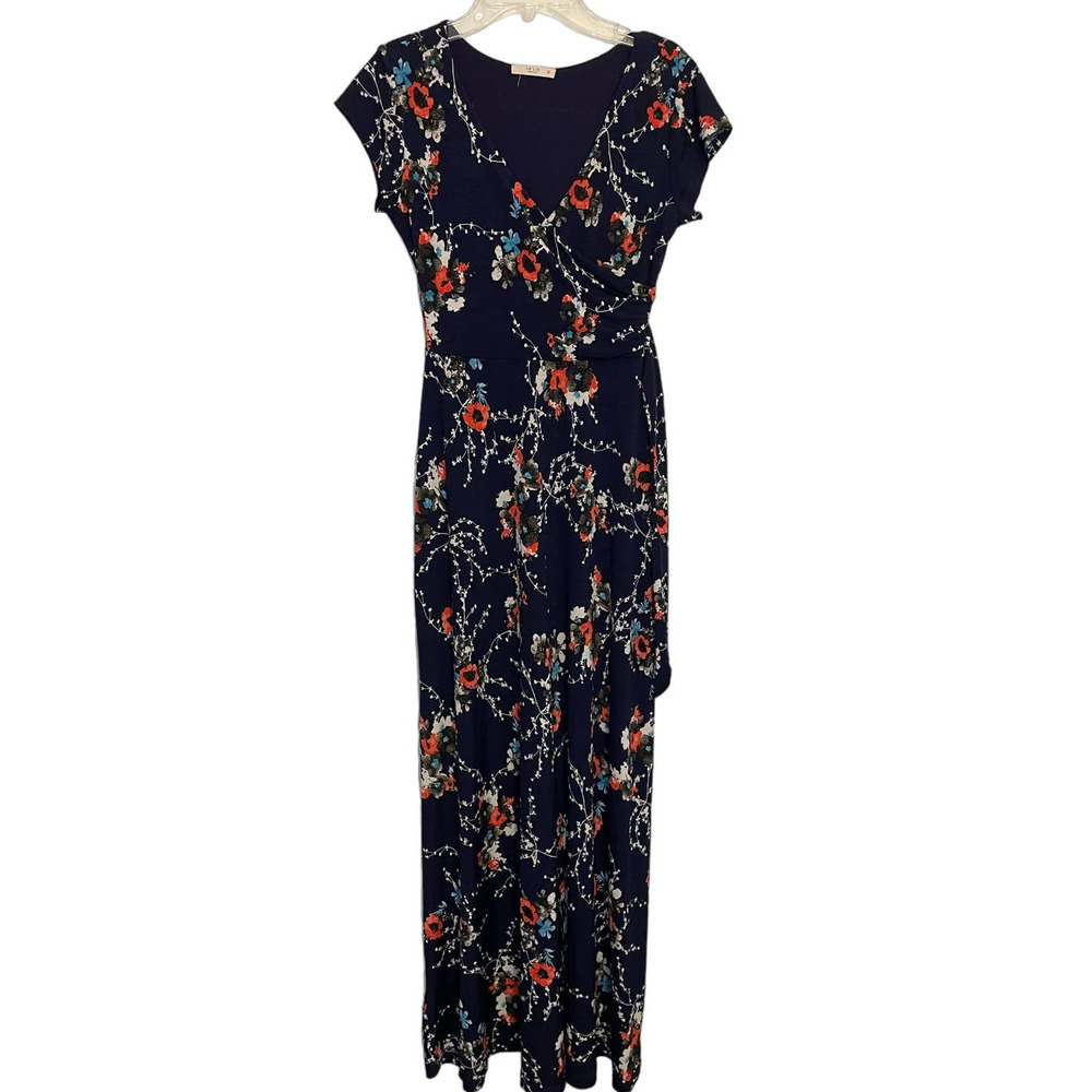 Le Lis Jes Faux Wrap Navy Floral Maxi Dress Size XS/S Stitch Fitch Stretchy